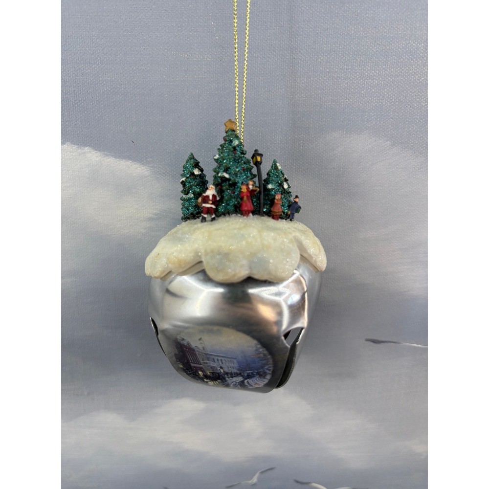 Thomas Kinkade Silver Jingle Bell Christmas Ornament Santa Snowy Village 4in